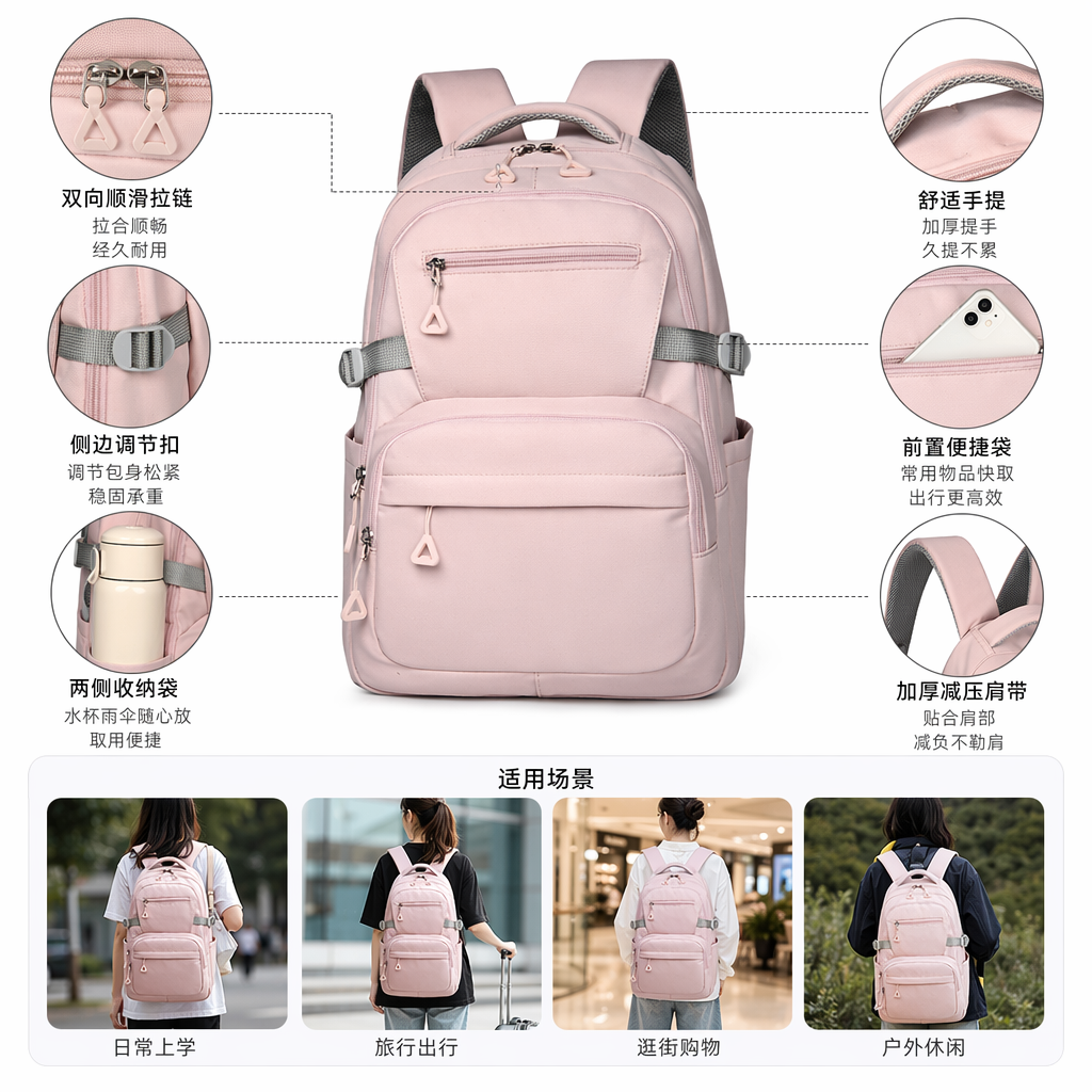 This pink backpack is a fashionable, lightweight and large-capacity student commuting and leisure backpack