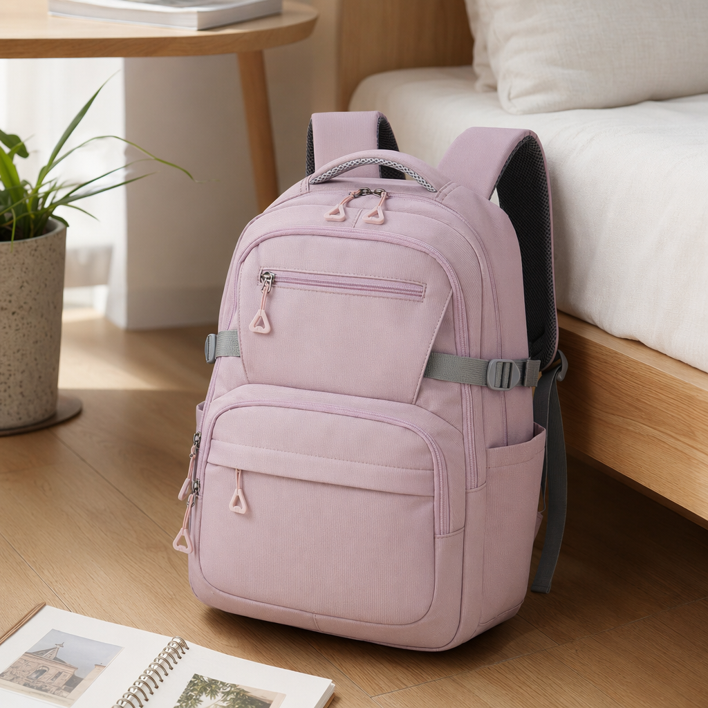 This pink backpack is a fashionable, lightweight and large-capacity student commuting and leisure backpack details Picture