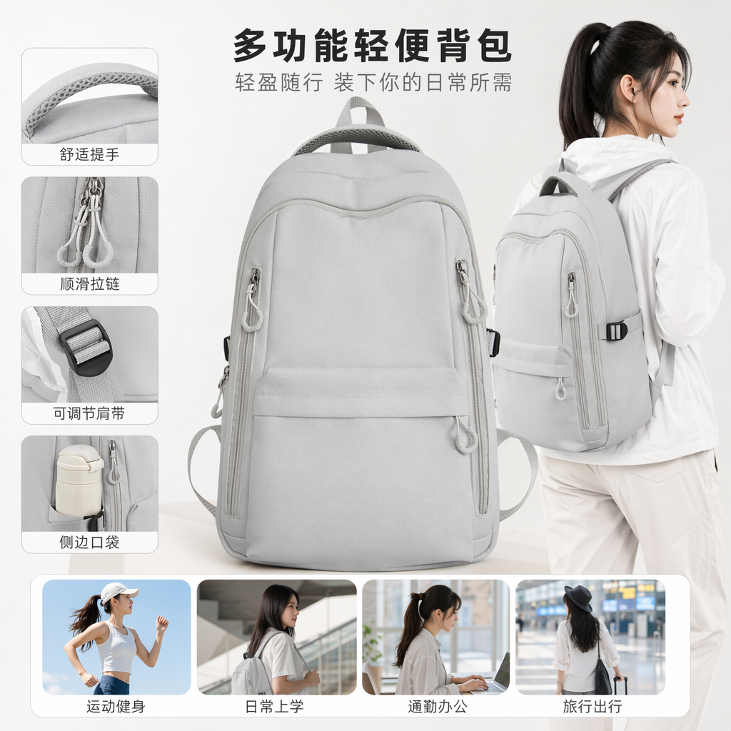 The white backpack is simple and versatile. It is convenient for students to commute, has a large capacity and is fashionable and casual