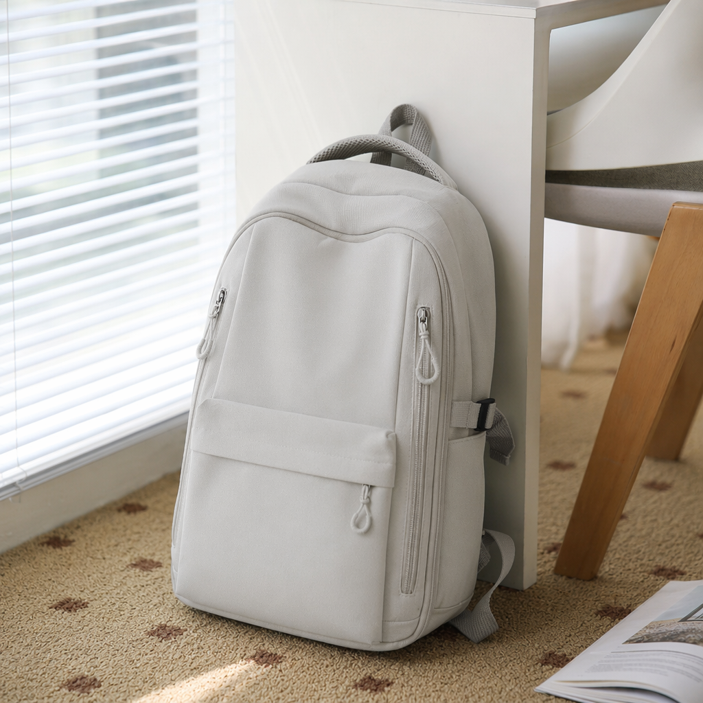 The white backpack is simple and versatile. It is convenient for students to commute, has a large capacity and is fashionable and casual details Picture