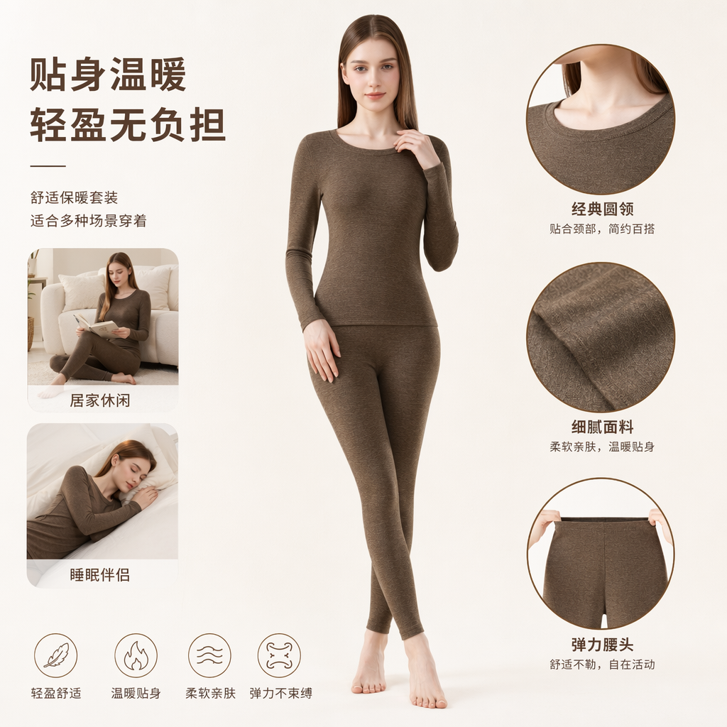A brown long-sleeved top with long pants for women's thermal suit