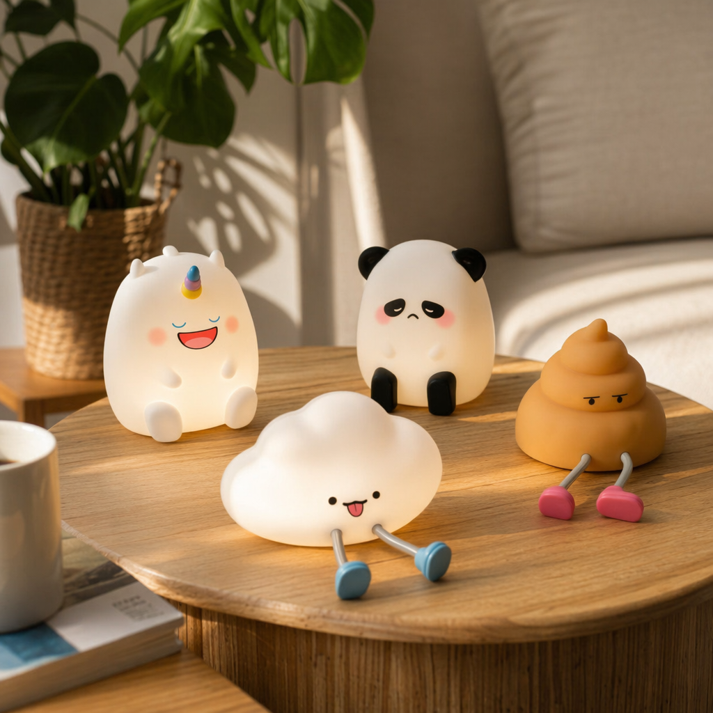 Illuminated cartoon-shaped light fixtures featuring unicorns, pandas, clouds and pot-shaped night lights details Picture