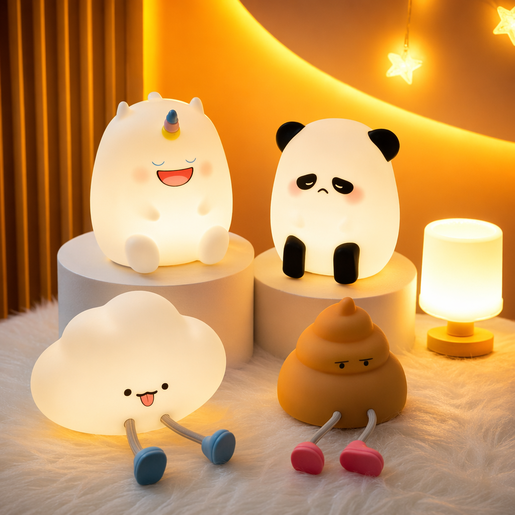 Illuminated cartoon-shaped light fixtures featuring unicorns, pandas, clouds and pot-shaped night lights Specification image