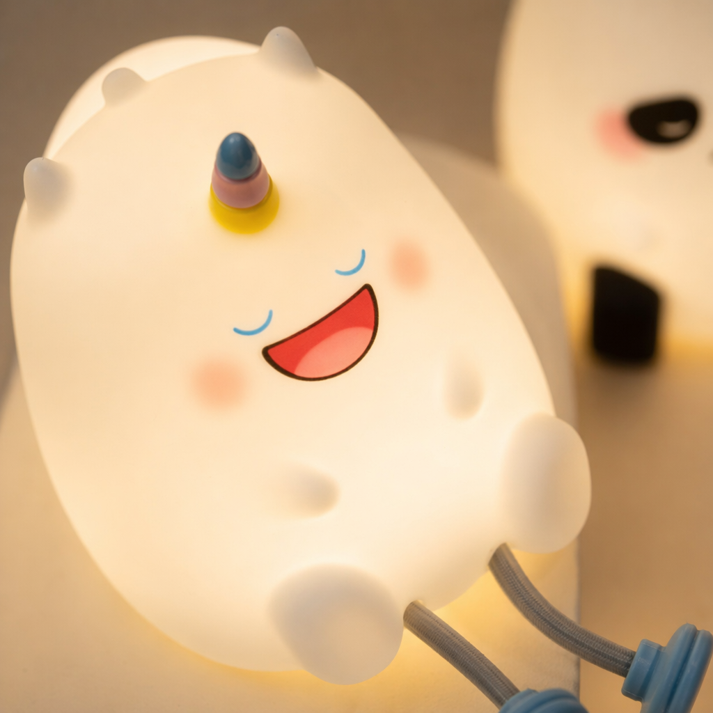 Illuminated cartoon-shaped light fixtures featuring unicorns, pandas, clouds and pot-shaped night lights Application Scenario