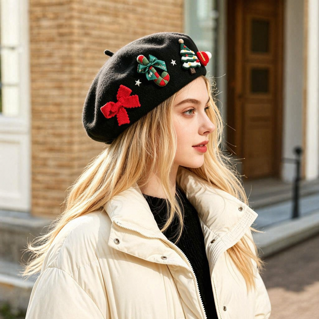 A black beret with a red bow, a green and red cane, a candy Christmas tree, and star patterns are worn by a blonde woman details Picture