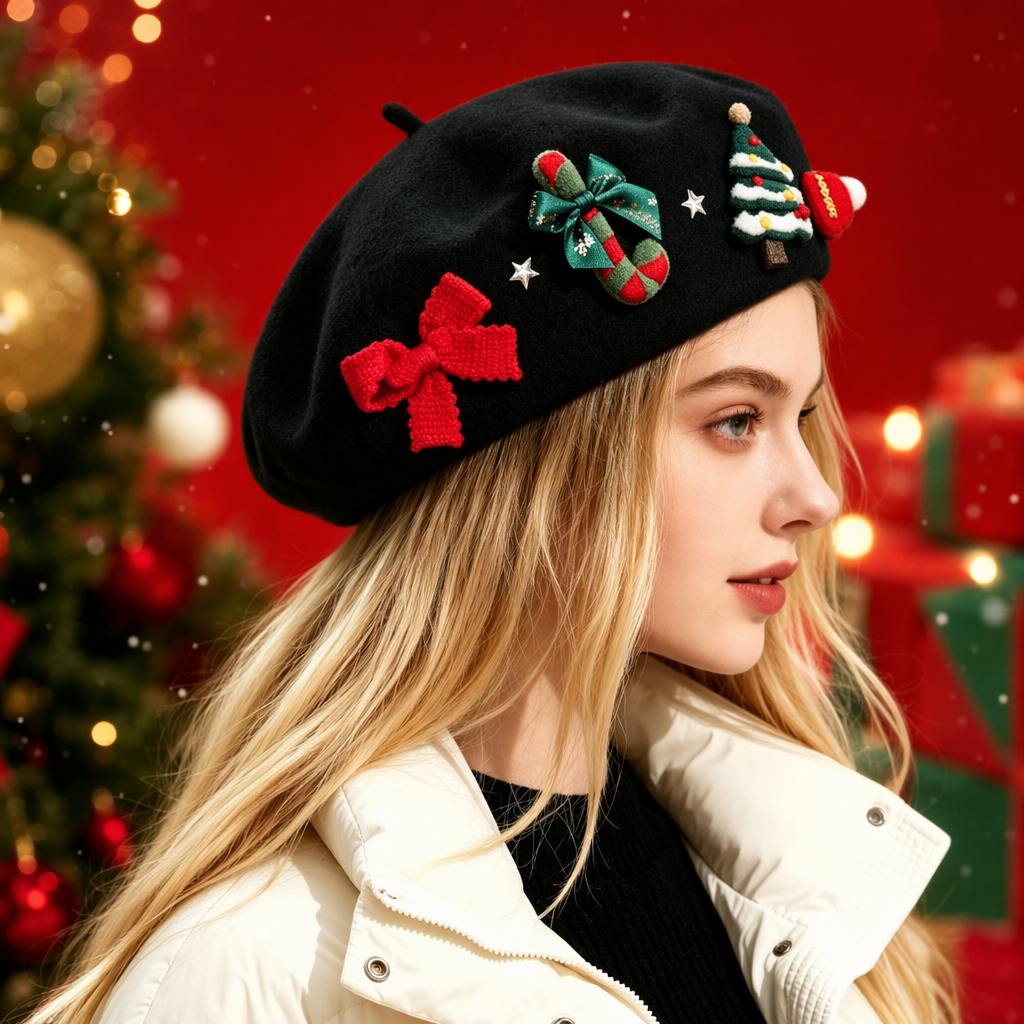 A black beret with a red bow, a green and red cane, a candy Christmas tree, and star patterns are worn by a blonde woman Specification image