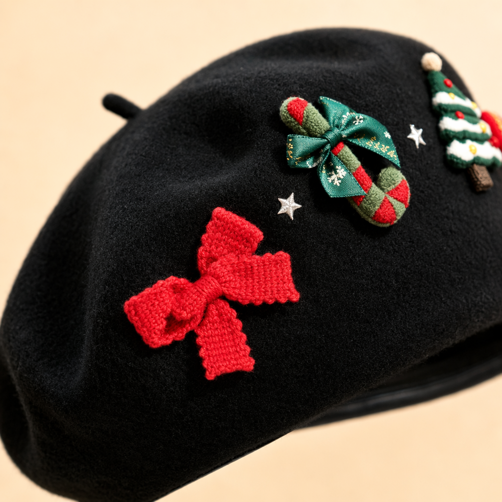 A black beret with a red bow, a green and red cane, a candy Christmas tree, and star patterns are worn by a blonde woman Application Scenario