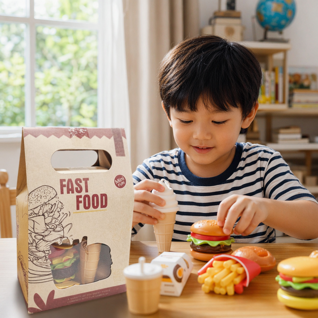 Brown paper box packaged toy fast food set, children's educational role-playing simulation kitchen details Picture