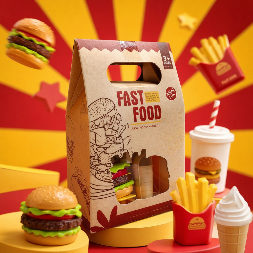 Brown paper box packaged toy fast food set, children's educational role-playing simulation kitchen Specification image