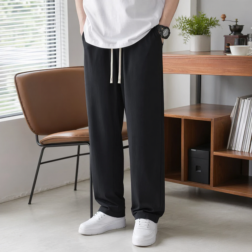 Black high-waisted straight-leg casual pants for men, slimming and versatile trousers details Picture