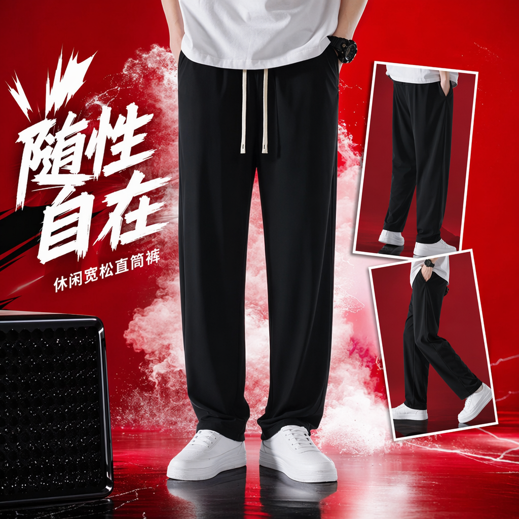 Black high-waisted straight-leg casual pants for men, slimming and versatile trousers Specification image
