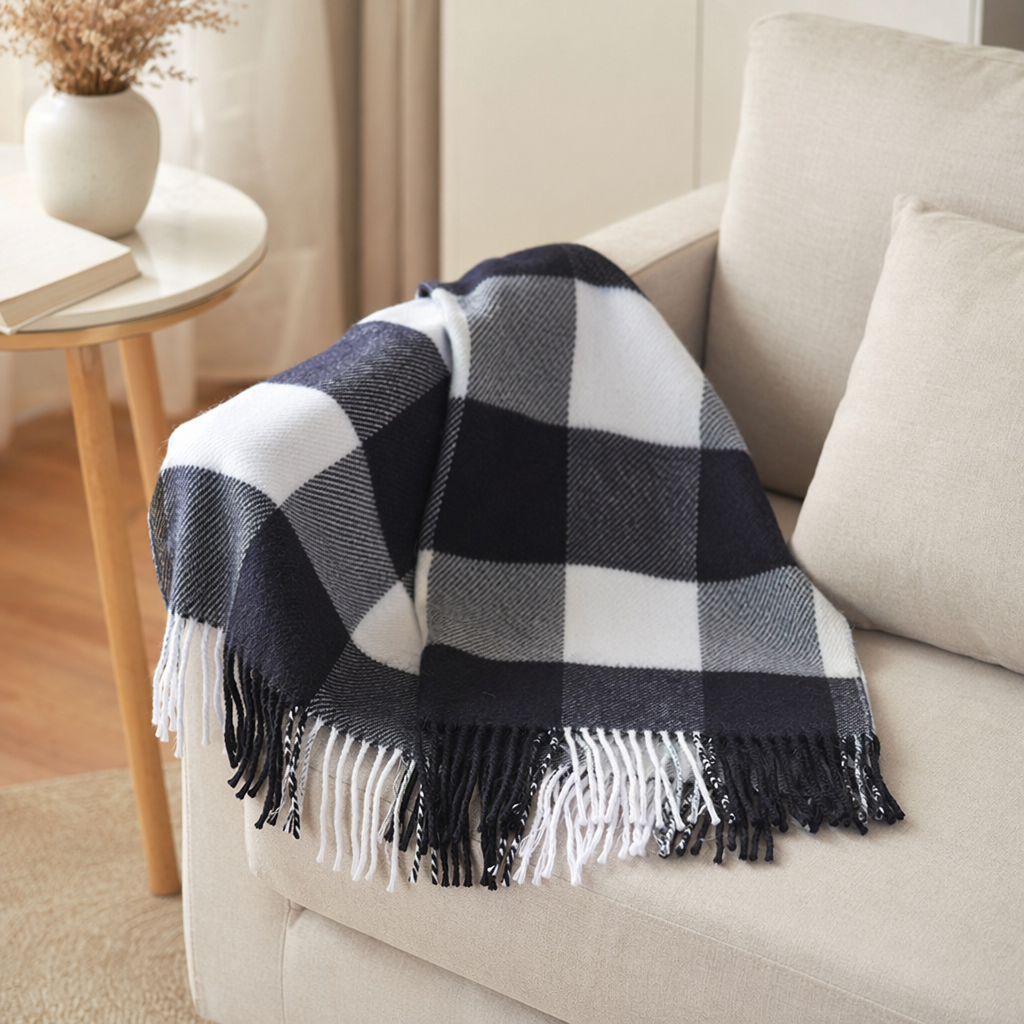 Black and white checkered scarf with thick cashmere blend for warm autumn and winter with a coat details Picture
