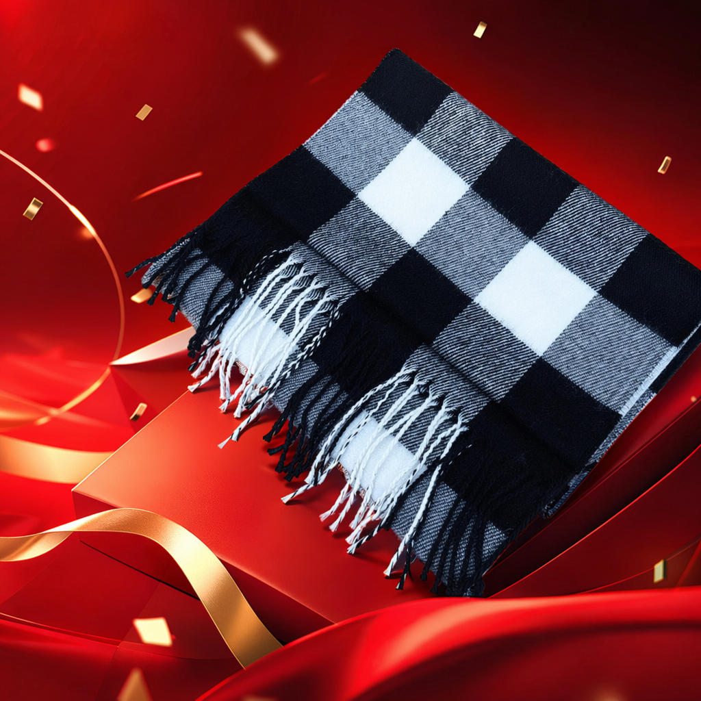 Black and white checkered scarf with thick cashmere blend for warm autumn and winter with a coat Specification image