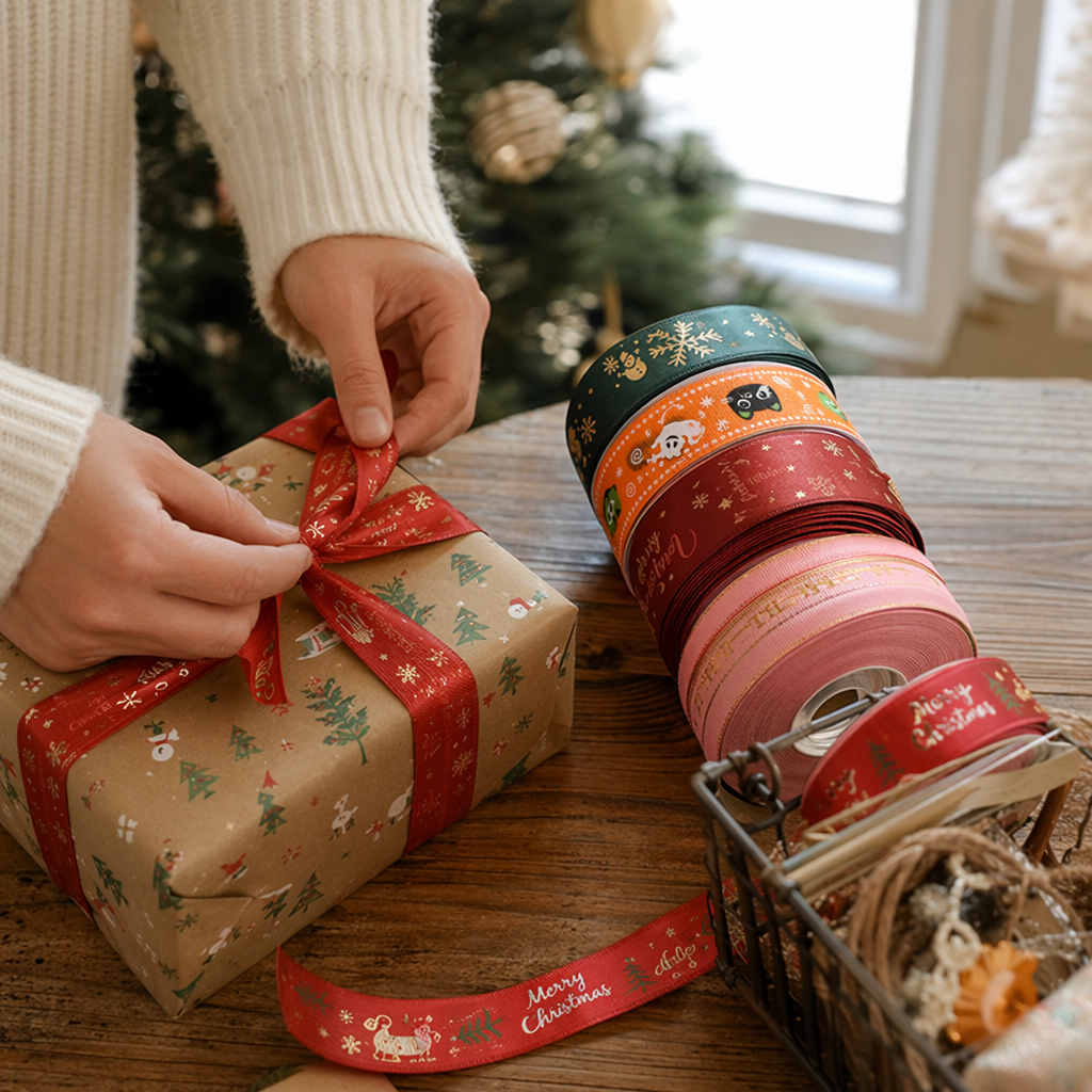 Colorful Christmas-themed ribbon rolls are used for holiday decoration gift packaging with multi-color mixed packaging details Picture