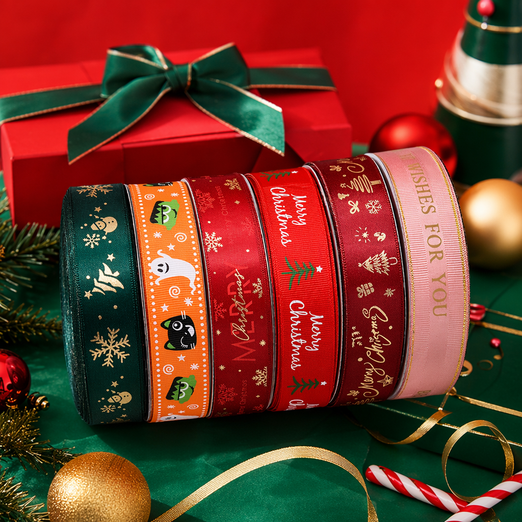 Colorful Christmas-themed ribbon rolls are used for holiday decoration gift packaging with multi-color mixed packaging Specification image