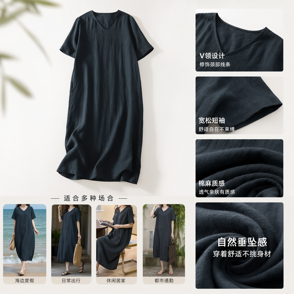 深灰色V领短袖连衣裙女修身显瘦夏季新款