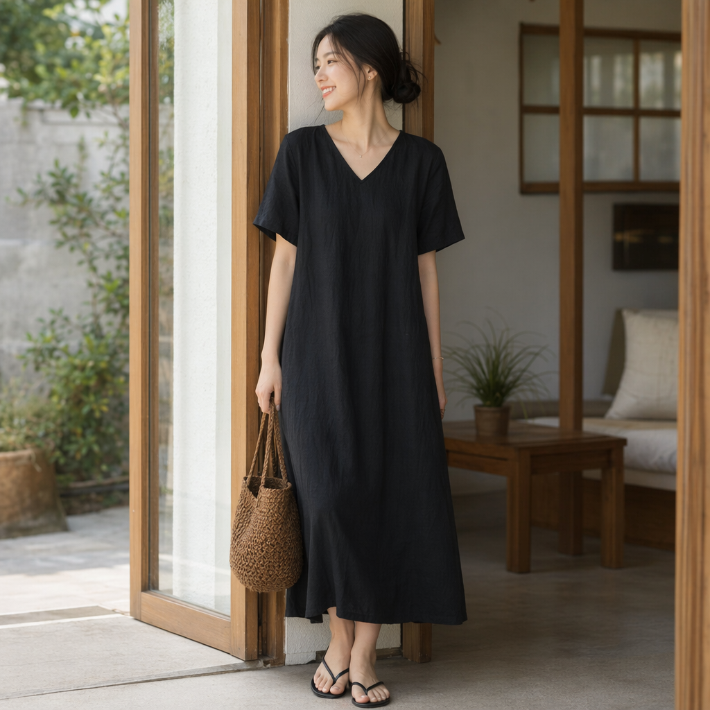 A new summer style dark grey V-neck short-sleeved dress for women, slimming and shaping details Picture