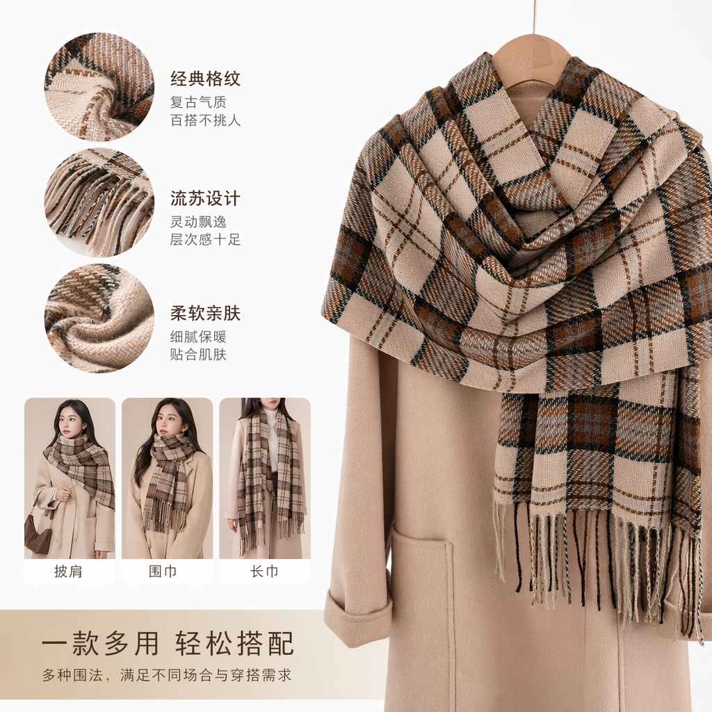 This checkered scarf is warm in autumn and winter. Made of pure cotton, it is simple and versatile, suitable for both men and women