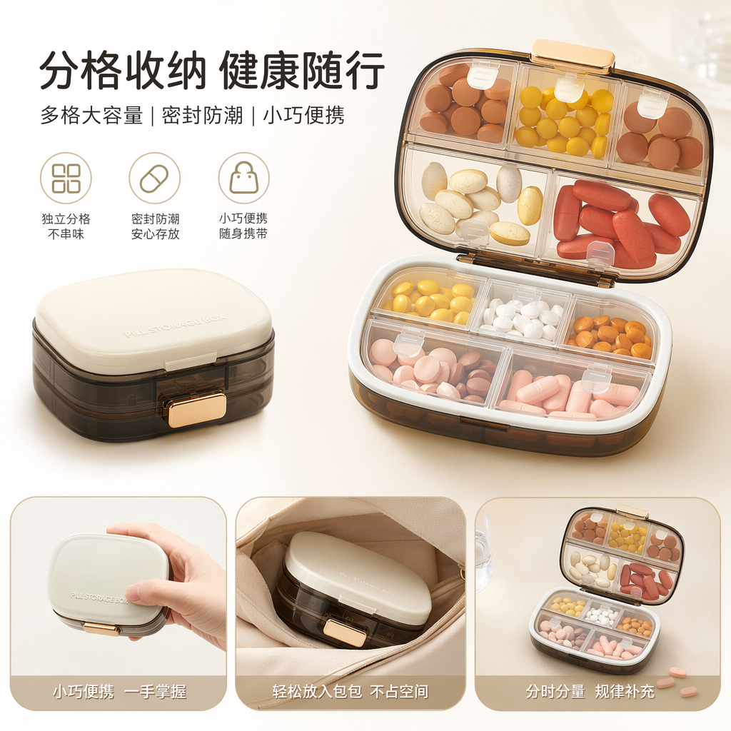 White portable transparent compartments for hand-held lid-opening medicine box
