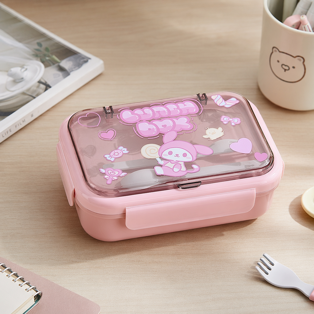 Pink cartoon bento box, children's lunch box, cute lunch box with lid, warm and portable details Picture