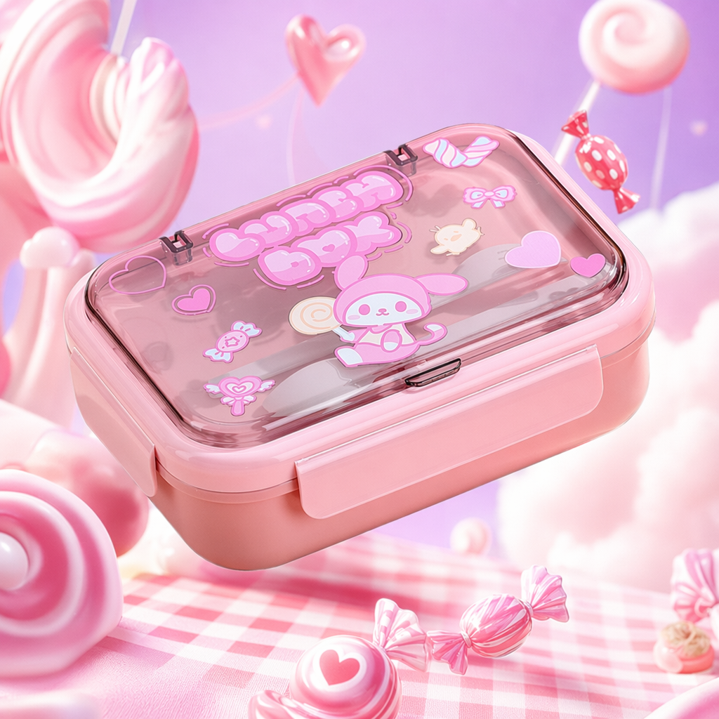 Pink cartoon bento box, children's lunch box, cute lunch box with lid, warm and portable Specification image