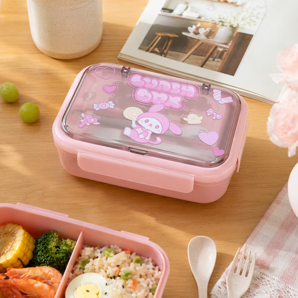 Pink cartoon children's lunch box, portable sealed lunch box, cute student lunch box details Picture