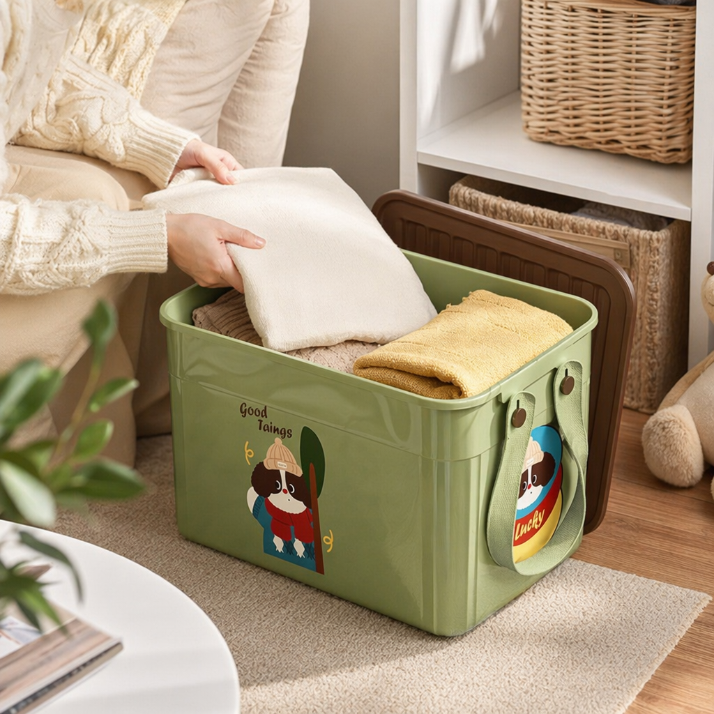 Green rectangular covered storage box for home organization and storage, large capacity, dust-proof and stackable details Picture