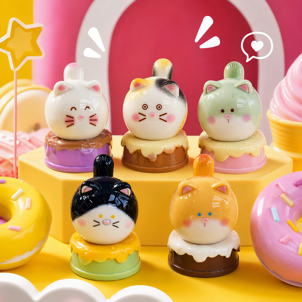 Five colorful cat-shaped dessert ornaments and creative home decoration items details Picture