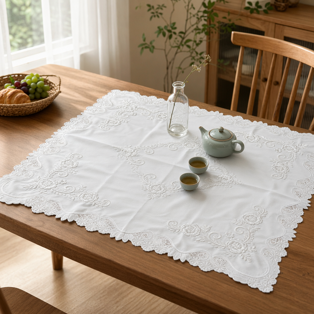 White embroidered tablecloth paired with tea set, living room dining table decoration fabric home furnishings details Picture