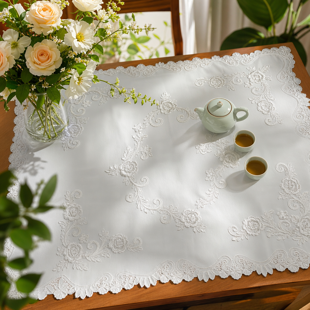 White embroidered tablecloth paired with tea set, living room dining table decoration fabric home furnishings Specification image