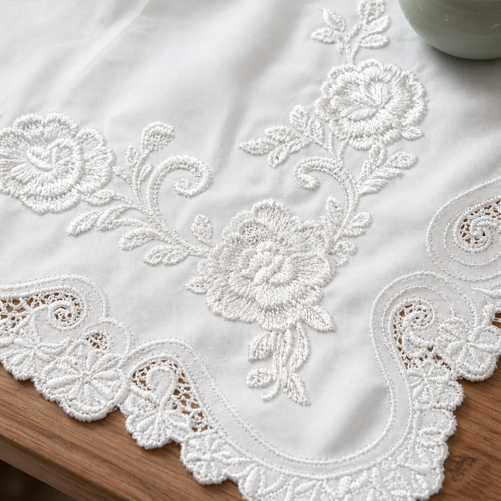 White embroidered tablecloth paired with tea set, living room dining table decoration fabric home furnishings Application Scenario