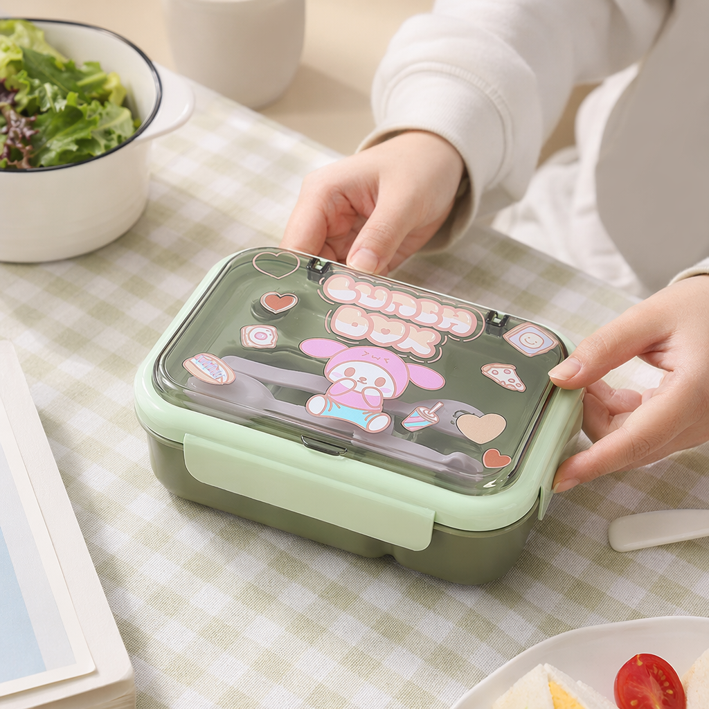 Green cartoon lunch box with portable compartments for kindergarten midday rest details Picture