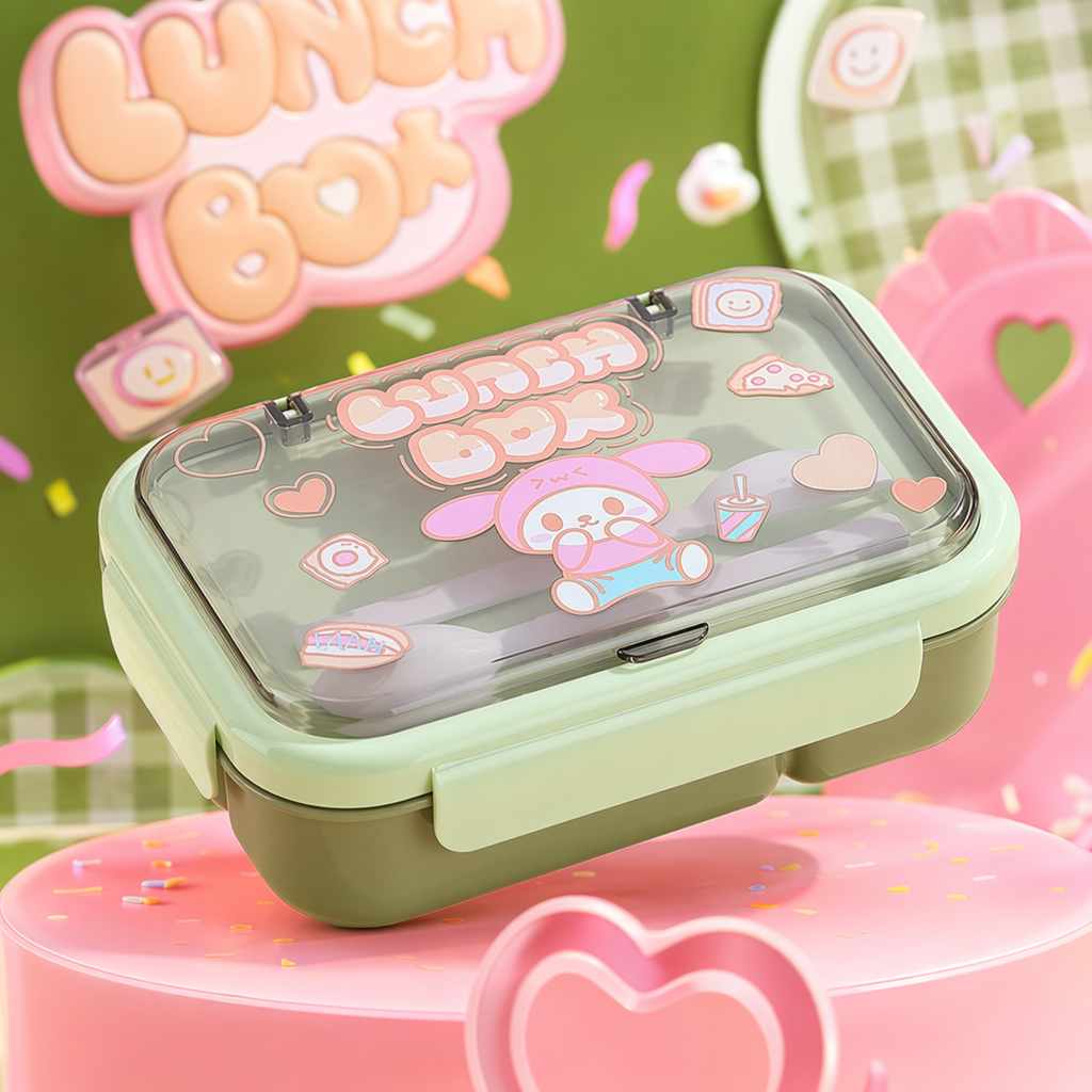 Green cartoon lunch box with portable compartments for kindergarten midday rest Specification image