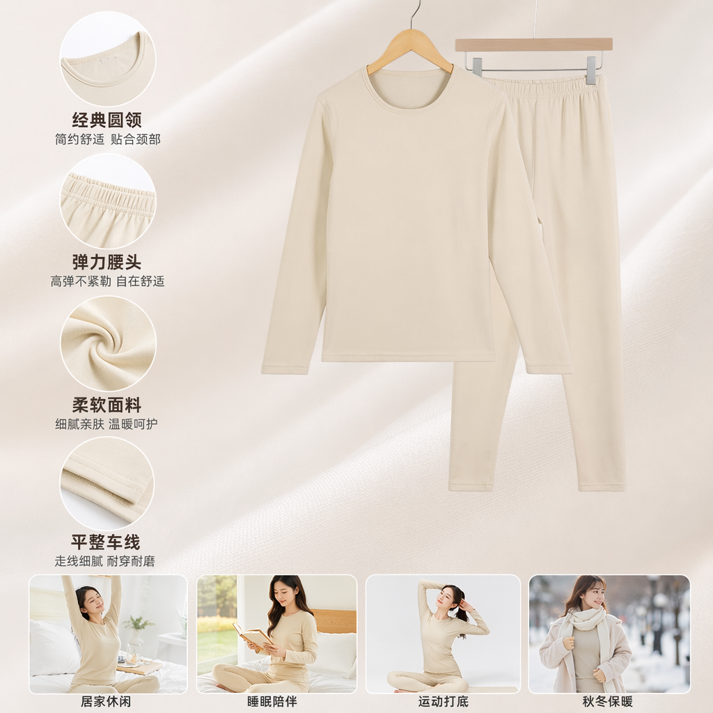 米色保暖家居服套装女秋冬季纯棉加厚情侣款