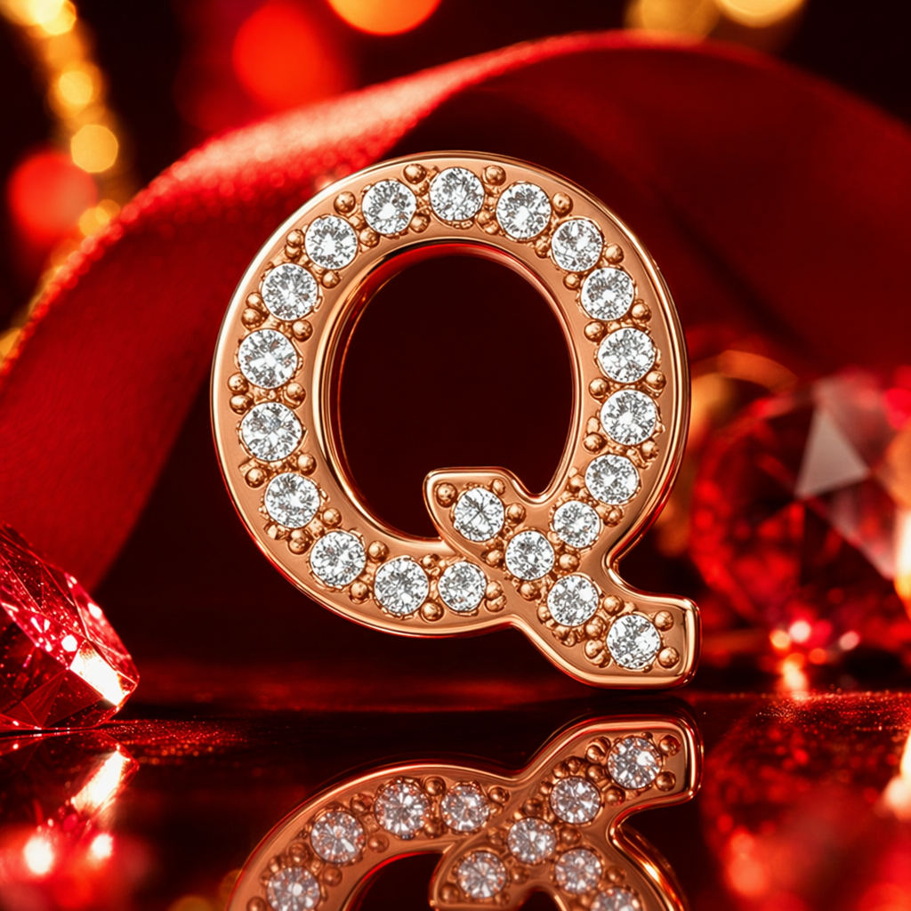 وقلادة من الذهب الورد، مثل الحرف "Q"، لافات فنية في تصميم الأزياء Specification image