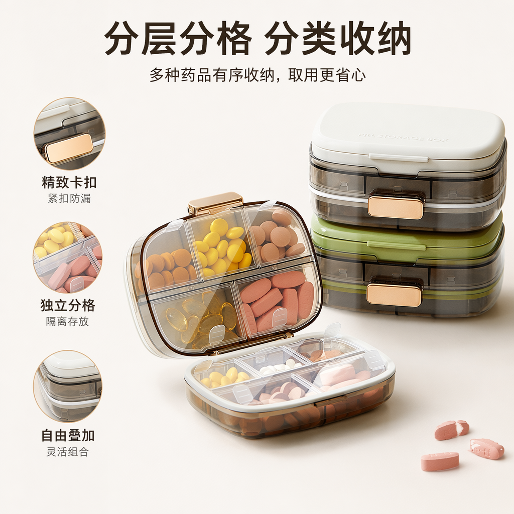 Ten-compartment medicine box with transparent shell, golden fasteners, triple seal, independent opening lid, available in white, green and brown