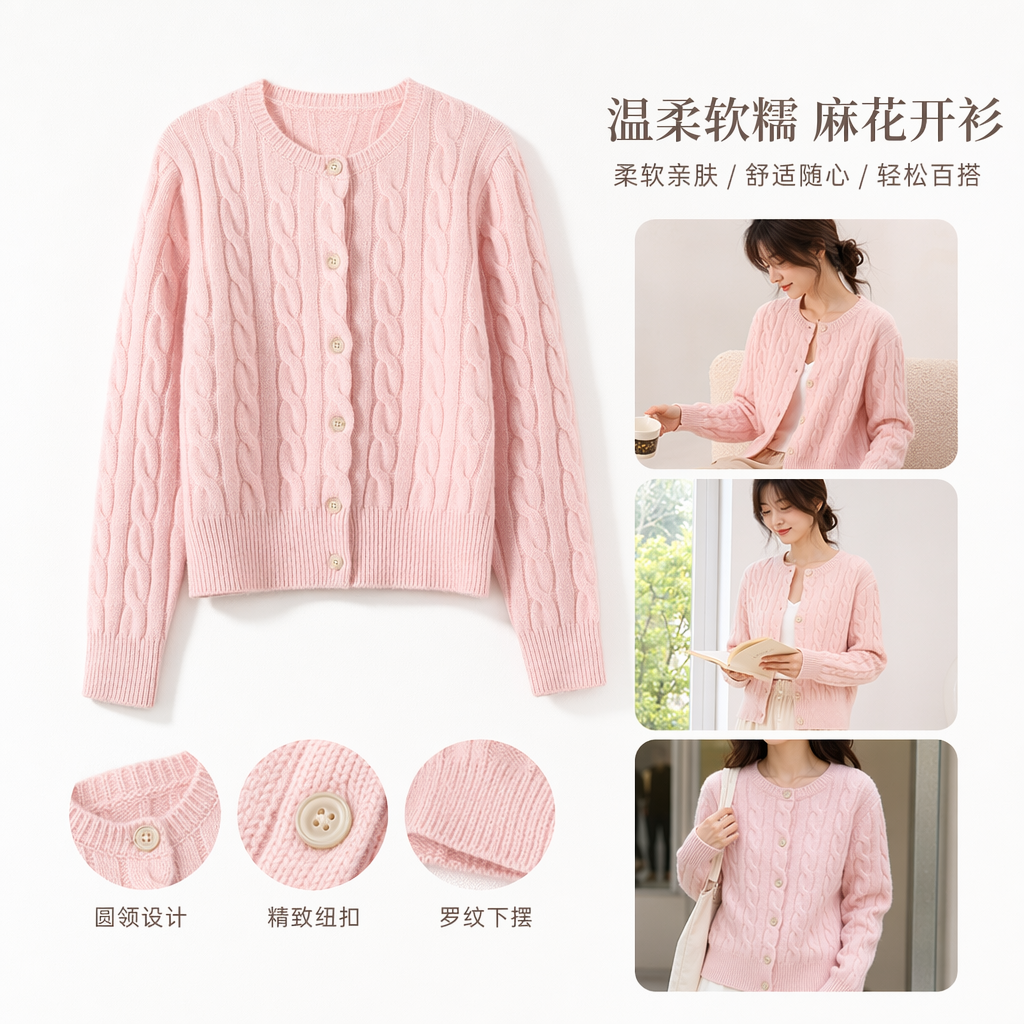 A pink knitted cardigan for women in spring and autumn, paired with a thin, casual and loose top