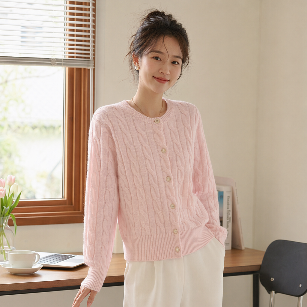 A pink knitted cardigan for women in spring and autumn, paired with a thin, casual and loose top details Picture