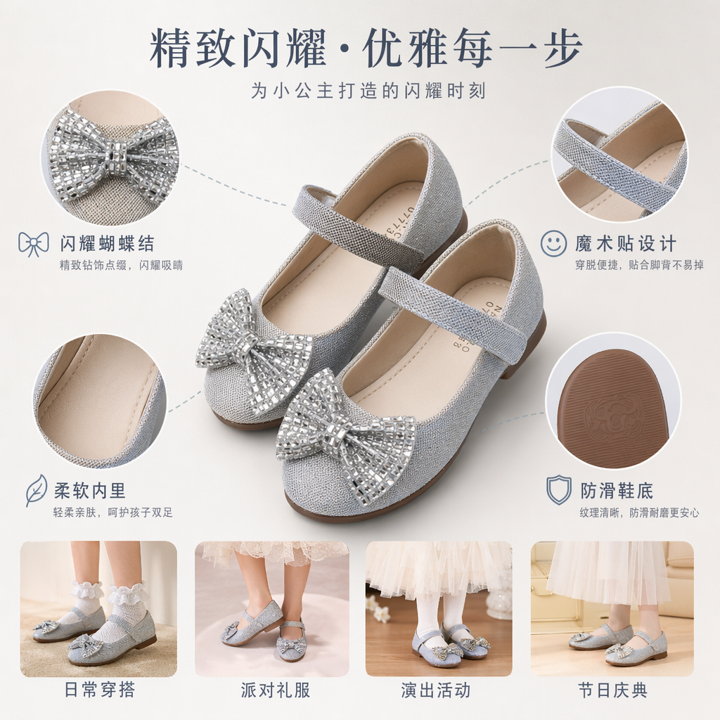 银色亮片女童蝴蝶结单鞋 女孩春夏季百搭小皮鞋