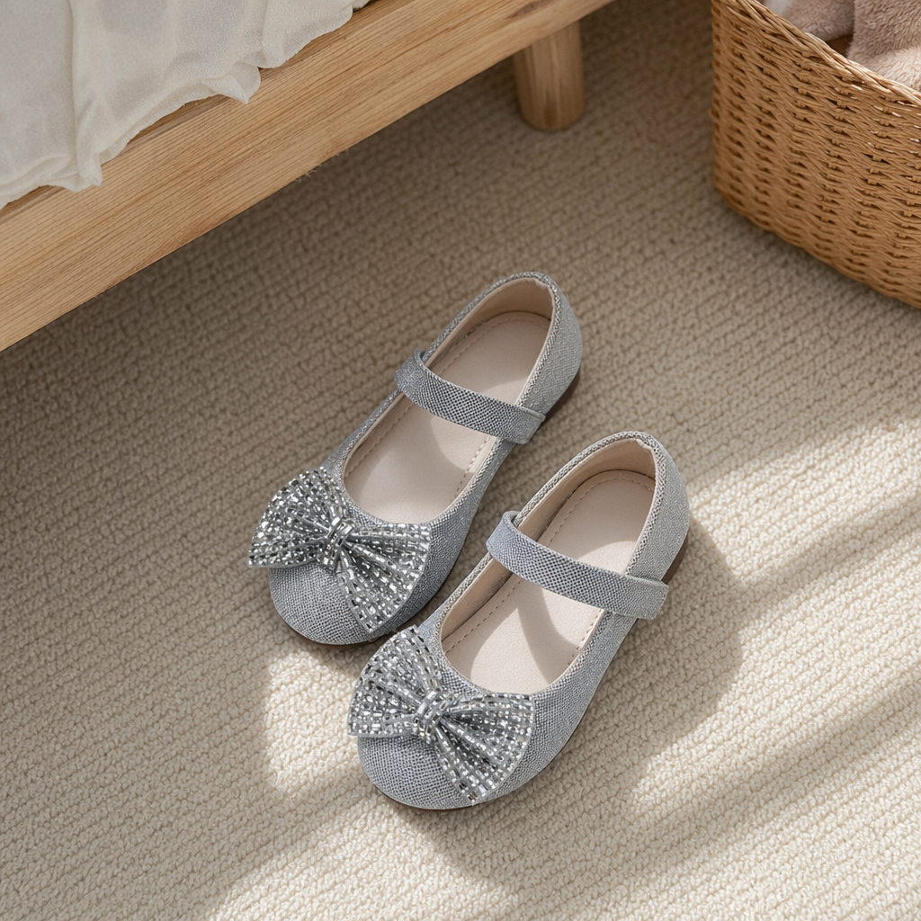 Silver sequined girls' bow single shoes, versatile small leather shoes for girls in spring and summer details Picture