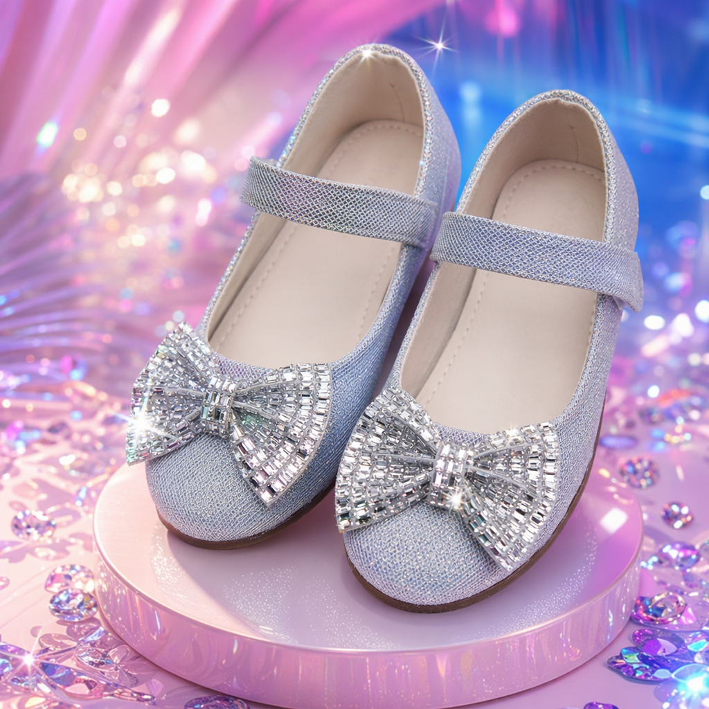 Silver sequined girls' bow single shoes, versatile small leather shoes for girls in spring and summer Specification image