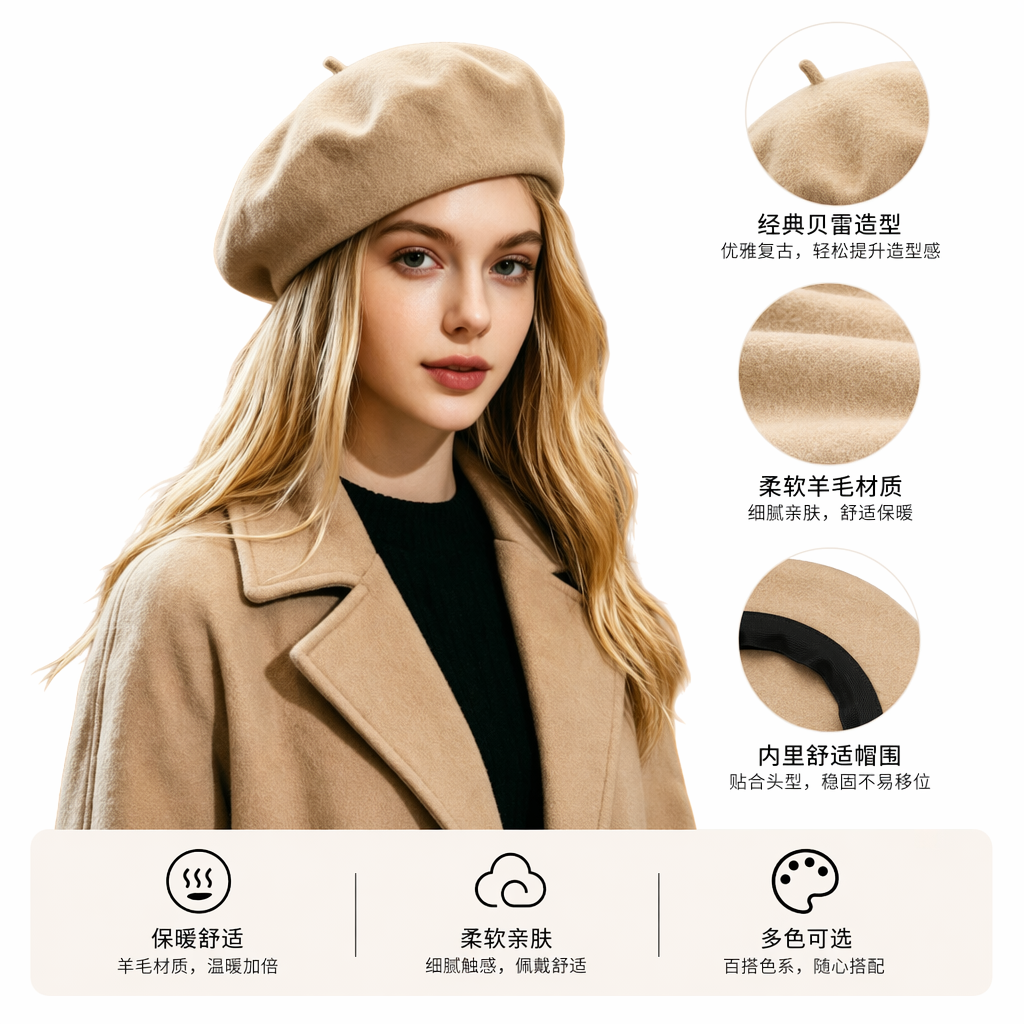 米色贝雷帽女秋冬韩版显脸小百搭毛呢帽子秋冬款现货羊毛女孩贝雷帽法式经典款毛毡帽子