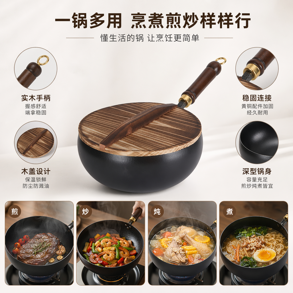 A set of black cookware with wooden LIDS and handles for home use, including woks, frying pans and stew POTS