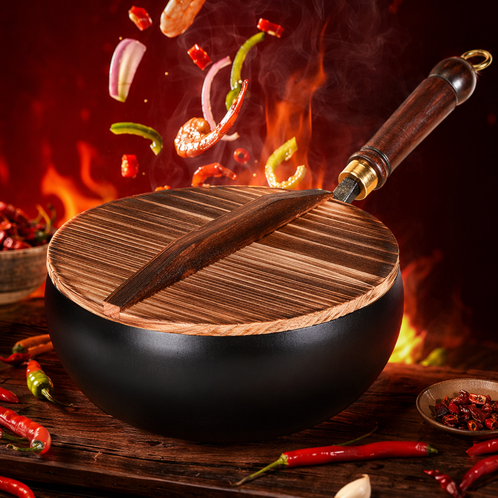 مقلاة سوداء مع أغطية خشبية ومقابض مصنوعة من المقلاة Specification image