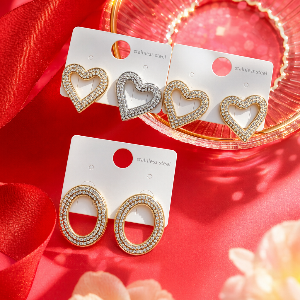 Golden heart-shaped oval diamond earrings Specification image