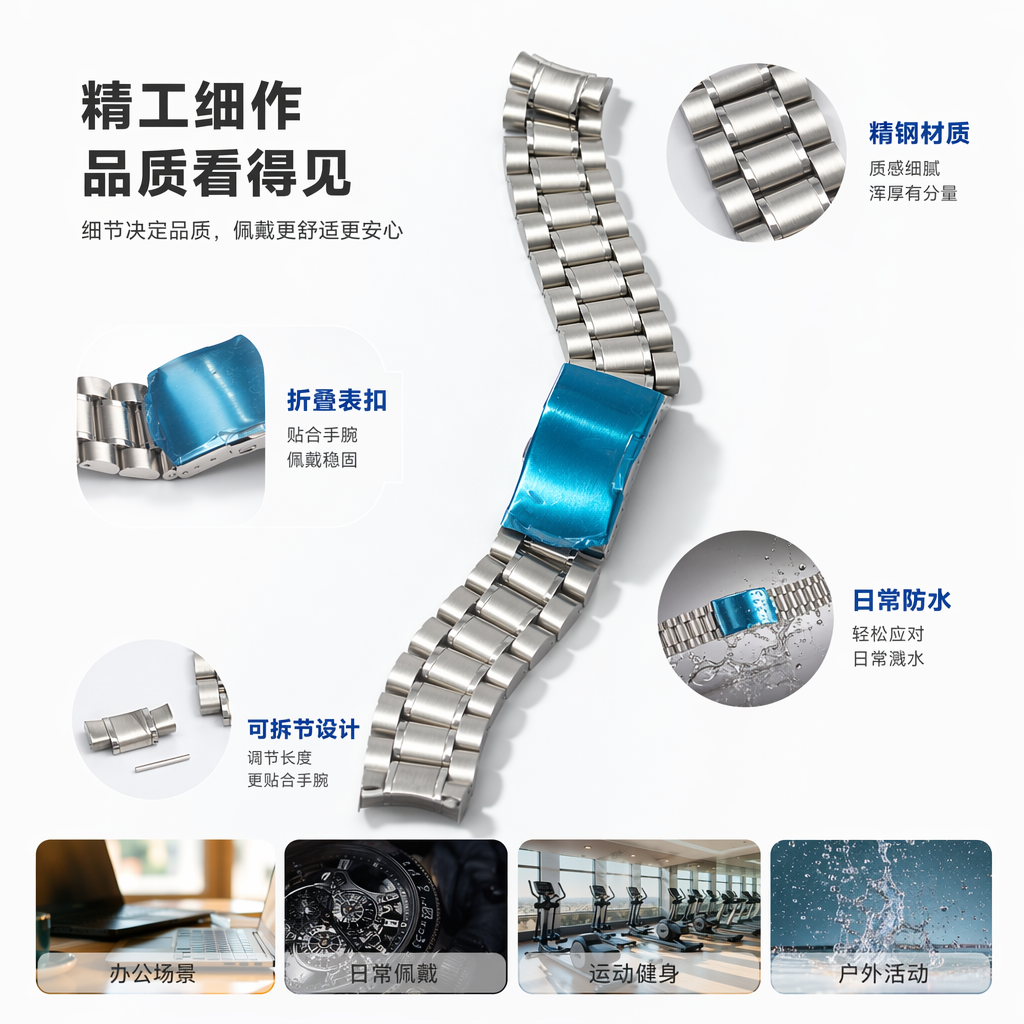 银色金属表带 适配Apple Watch通用款可调节米兰尼斯表带