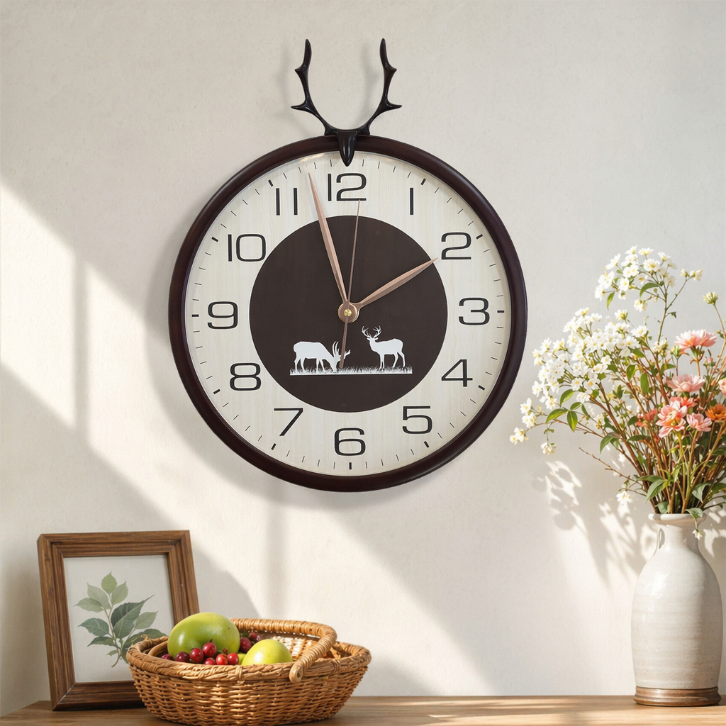 A brown-framed deer antler decorated deer pattern wall clock details Picture