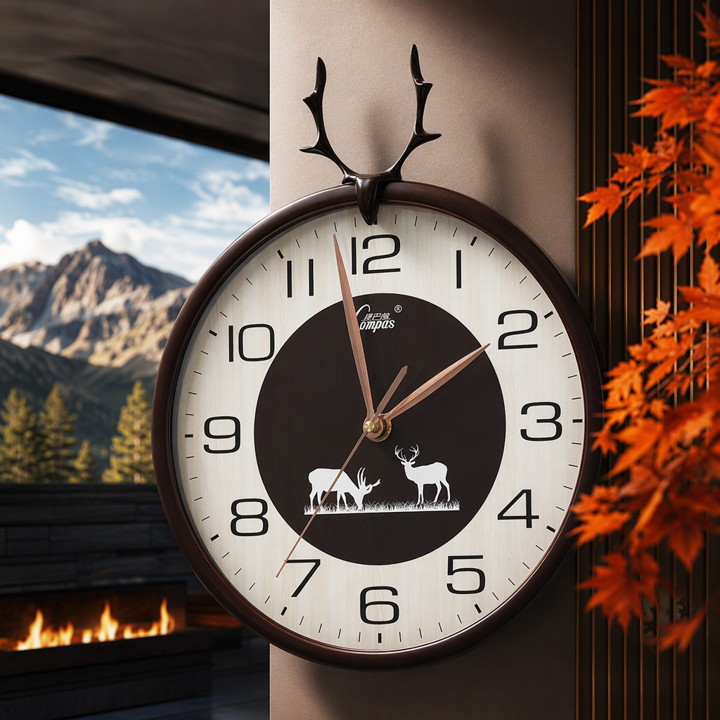 A brown-framed deer antler decorated deer pattern wall clock Specification image