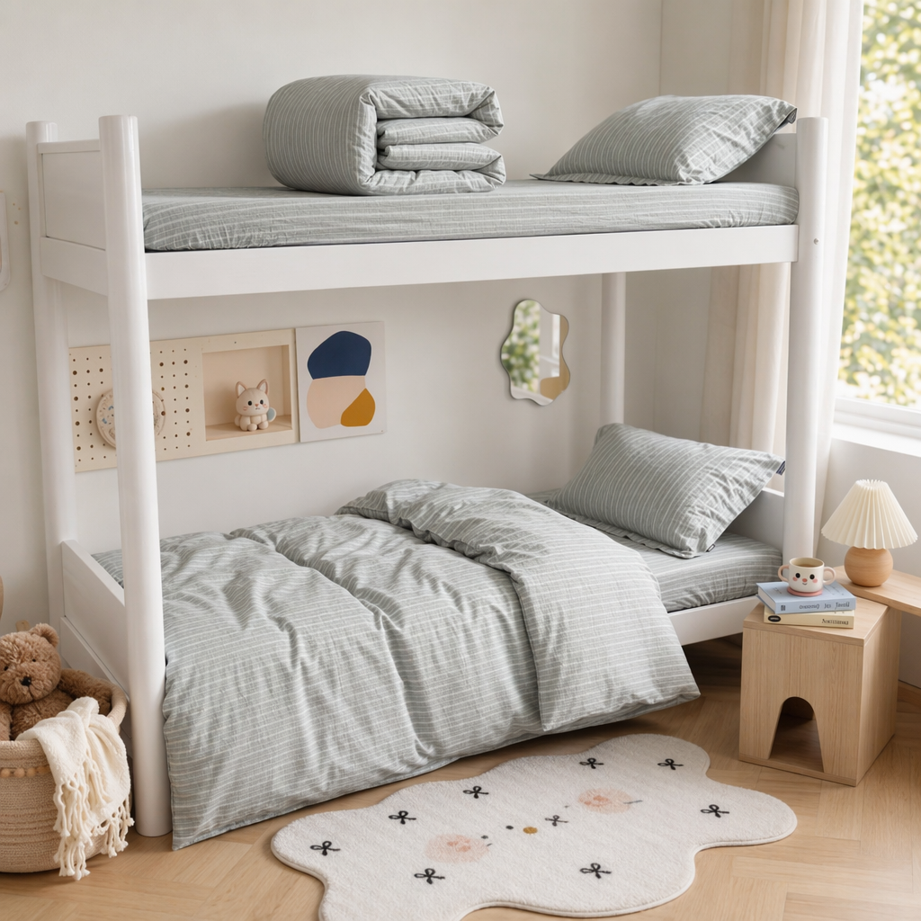 A simple and modern children's bunk bed with a white bunk bed and light green striped bedding set details Picture