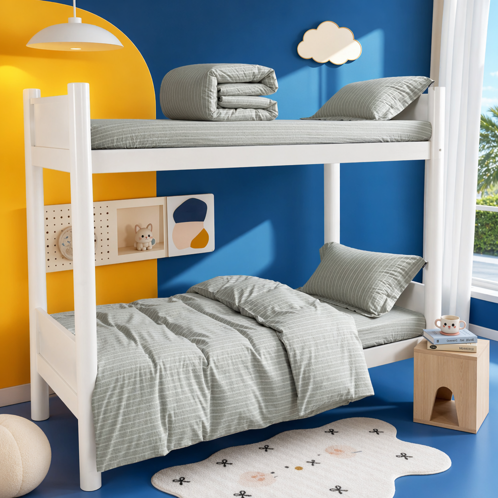A simple and modern children's bunk bed with a white bunk bed and light green striped bedding set Specification image